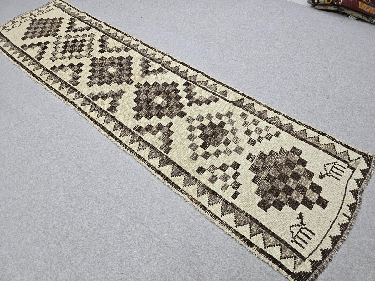 Vintage Rug Runner 3x11 | Neutral Cream Brown Tribal Hallway Carpet | Hand Knotted Wool Turkish Runner