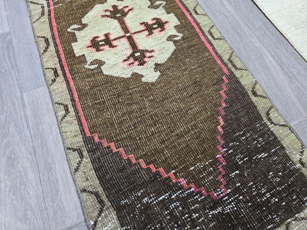 Vintage Hand-Knotted Turkish Wool Rug: Brown Tribal Medallion Entry Mat (1x3 ft)
