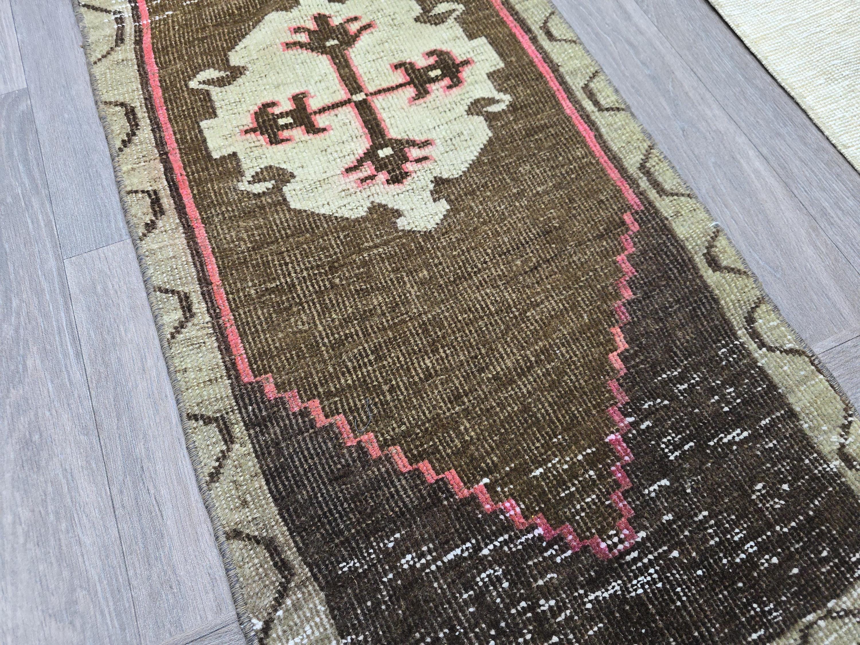 Vintage Hand-Knotted Turkish Wool Rug: Brown Tribal Medallion Entry Mat (1x3 ft)