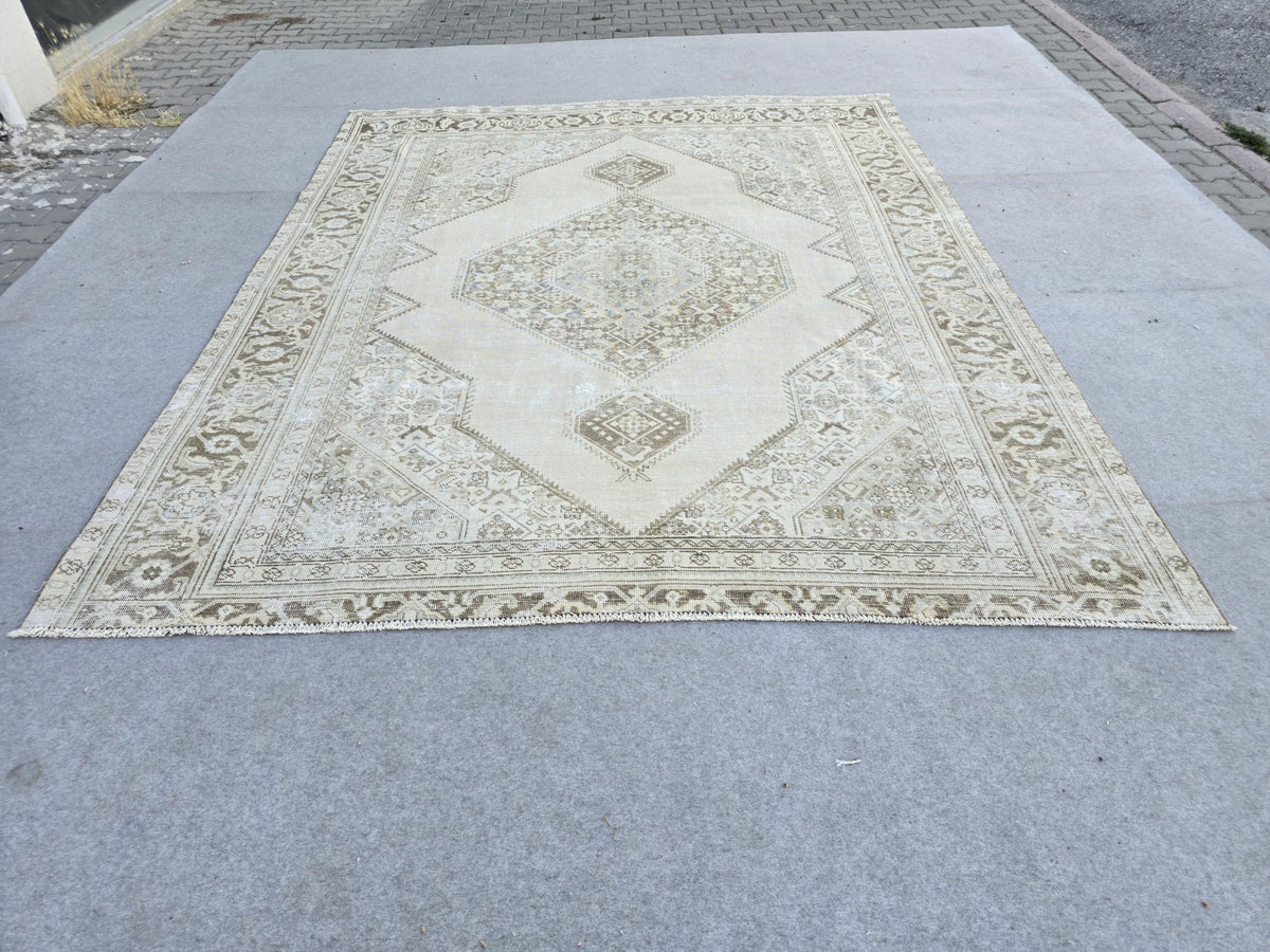 Turkish Rug 8x10, Sand Beige Vintage Area Rug, Hand Knotted Brown Neutral Wool Tribal Medallion Carpet for Living Room, Retro Nursery Decor