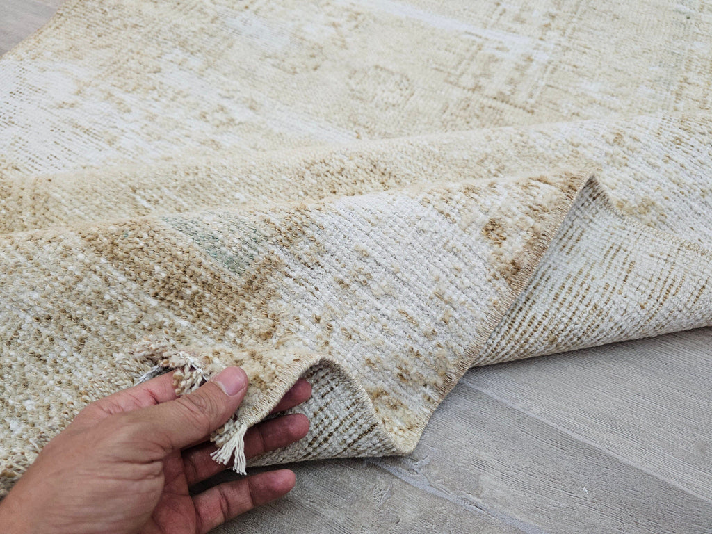 Hand Knotted Wool Runner Rug: Neutral Beige Turkish Oushak, 3x11