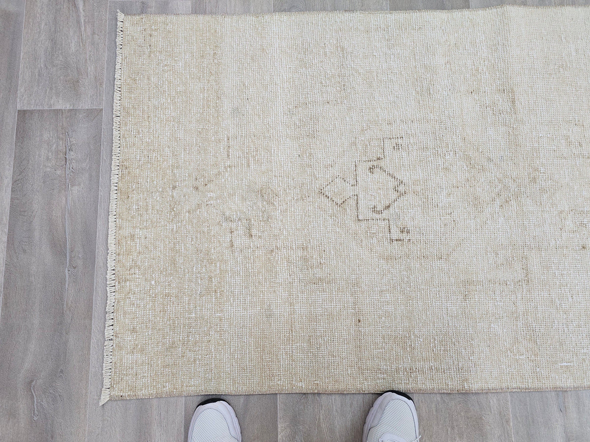 Hand Knotted Wool Oushak Runner Rug: 3x11 Cream Beige Turkish Rug