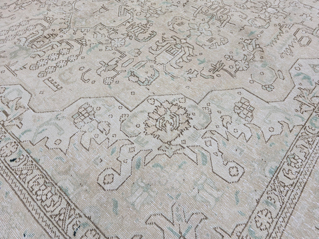 9x12 Vintage Heriz Rug: Neutral Oriental Wool, Large Area Rug