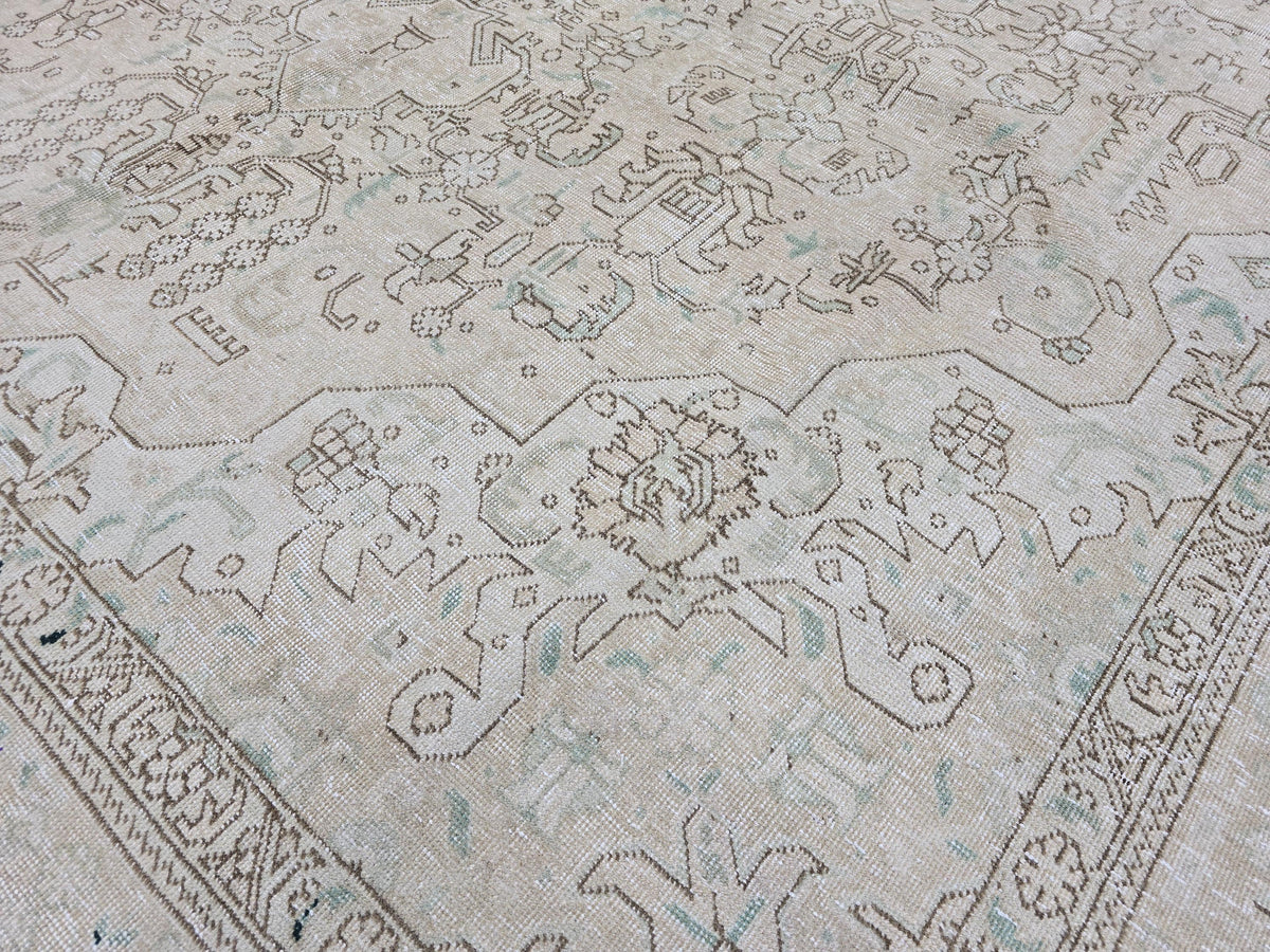 9x12 Vintage Heriz Rug: Neutral Oriental Wool, Large Area Rug