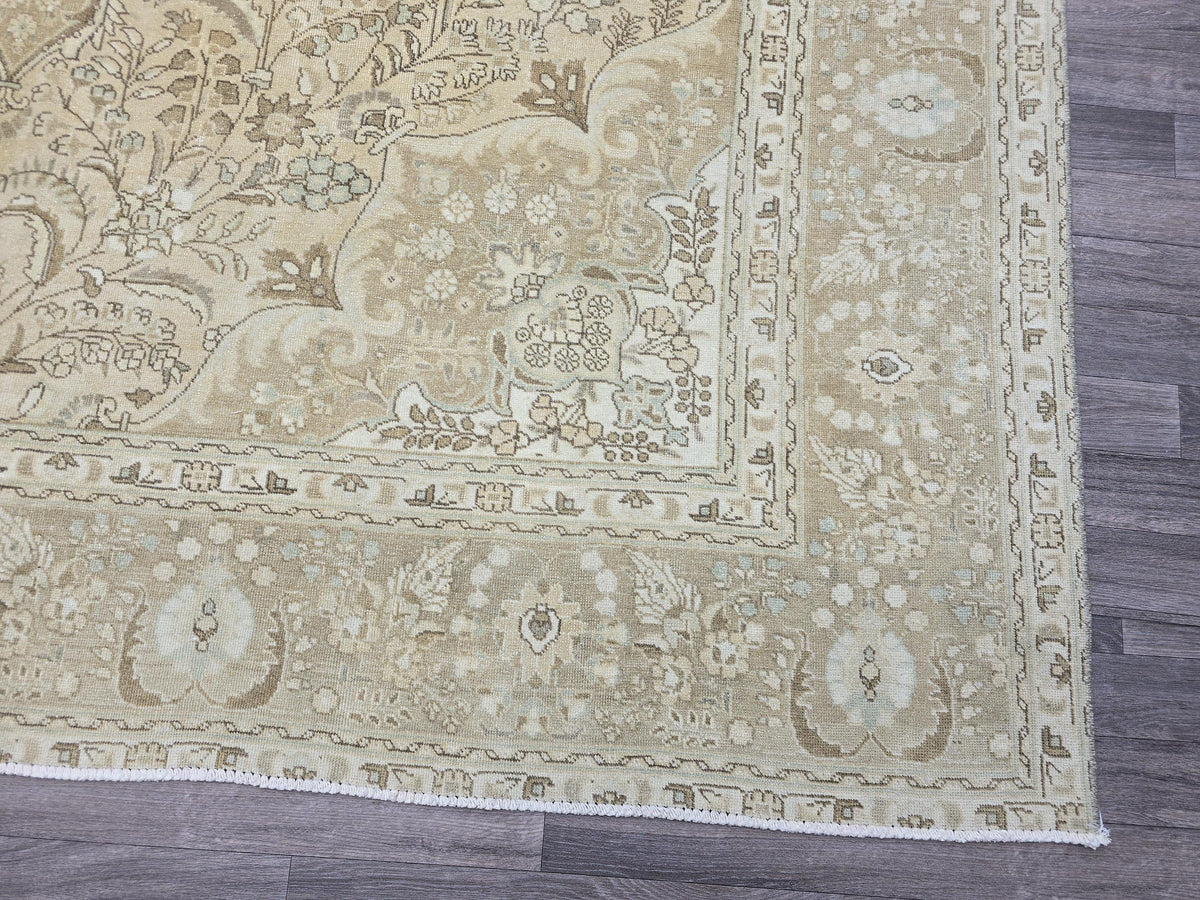 Vintage Turkish Oushak Rug 10x12: Beige Wool Floral Medallion Carpet