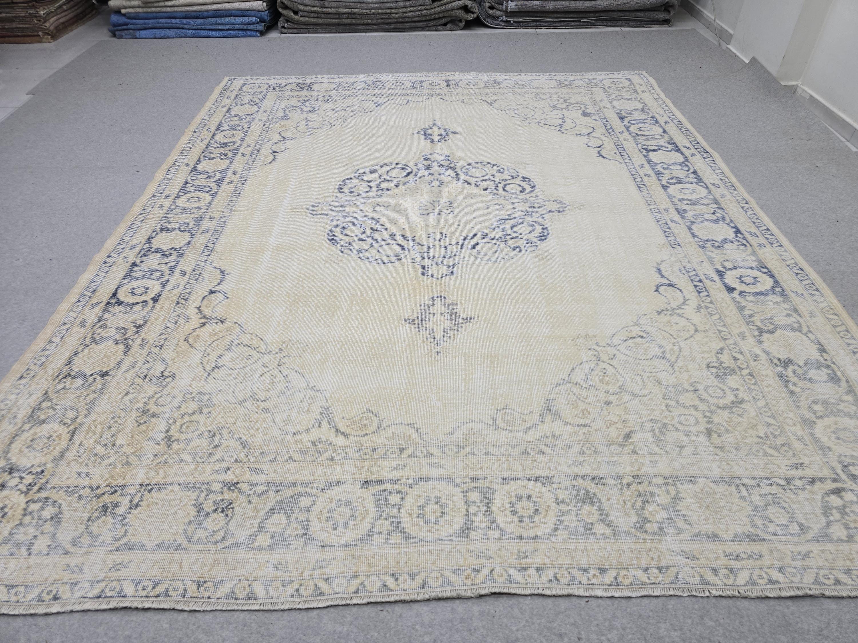 8x10 Faded Oushak Wool Area Rug Handmade Vintage Turkish Beige Blue Oriental Carpet