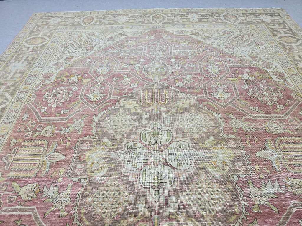 10x13 Vintage Turkish Wool Rug, Rose Pink Geometric Medallion, Distressed Area Carpet