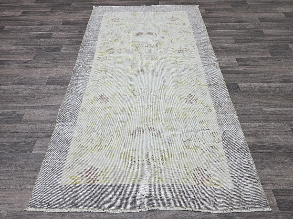 Vintage Oushak Rug: 4x7 Handknotted Wool Ivory Cream Floral Turkish Carpet