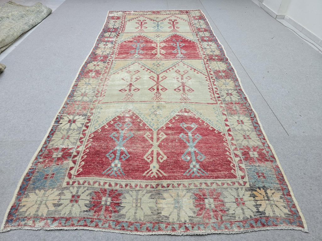 Oushak Rug 5x12, Antique Red Cream Distressed Wool Area Rug, Faded Panel Medallion Anatolian Wide Runner, Boho Farmhouse Living Room Decor