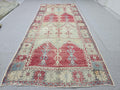 Oushak Rug 5x12, Antique Red Cream Distressed Wool Area Rug, Faded Panel Medallion Anatolian Wide Runner, Boho Farmhouse Living Room Decor