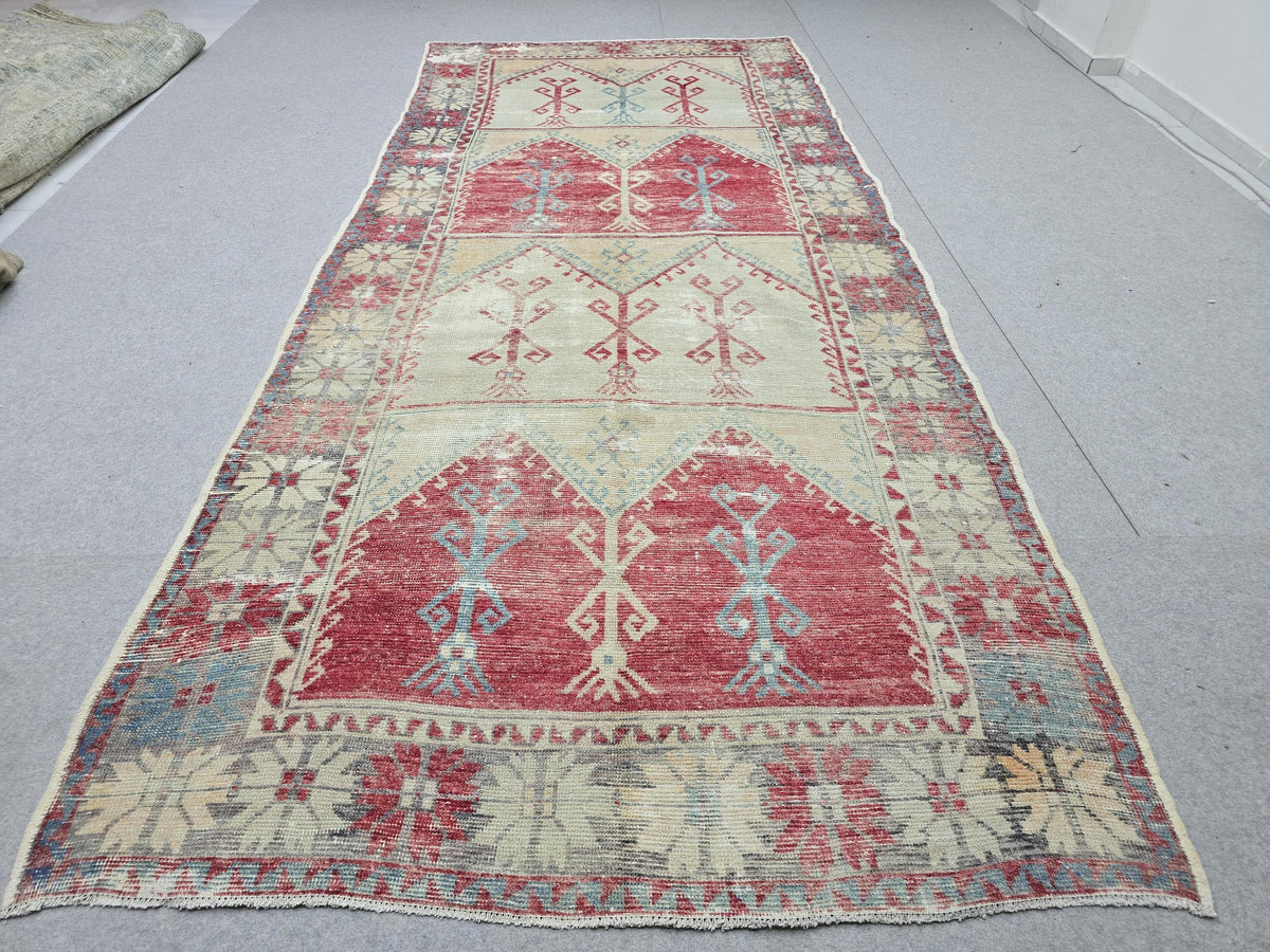 Oushak Rug 5x12, Antique Red Cream Distressed Wool Area Rug, Faded Panel Medallion Anatolian Wide Runner, Boho Farmhouse Living Room Decor