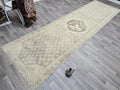Hand Knotted Wool Oushak Runner: 4x13 Neutral Turkish Vintage Rug