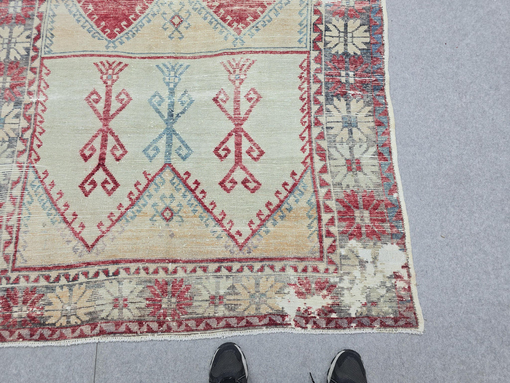 Oushak Rug 5x12, Antique Red Cream Distressed Wool Area Rug, Faded Panel Medallion Anatolian Wide Runner, Boho Farmhouse Living Room Decor