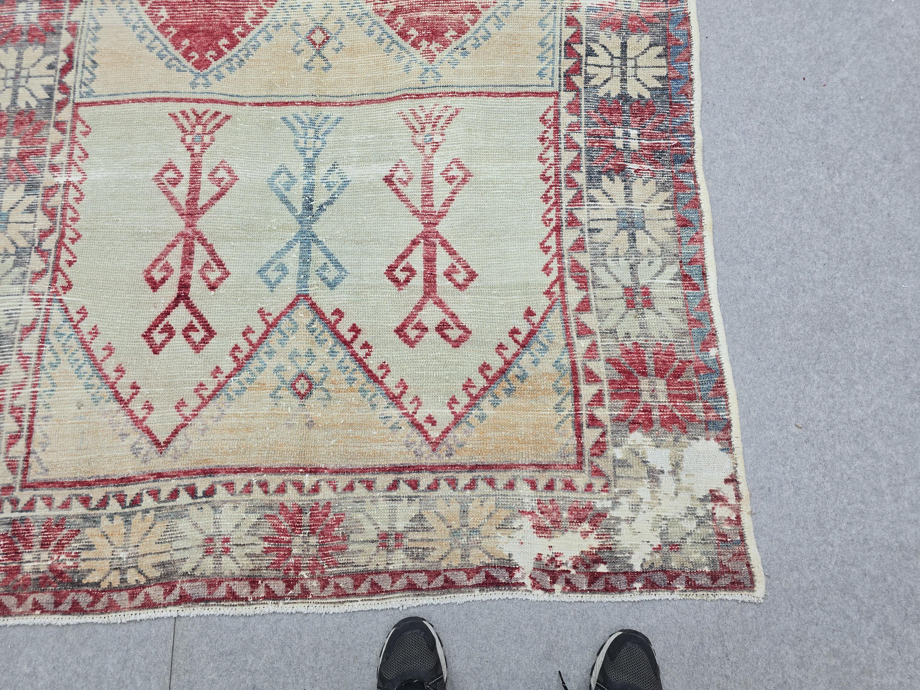 Oushak Rug 5x12, Antique Red Cream Distressed Wool Area Rug, Faded Panel Medallion Anatolian Wide Runner, Boho Farmhouse Living Room Decor