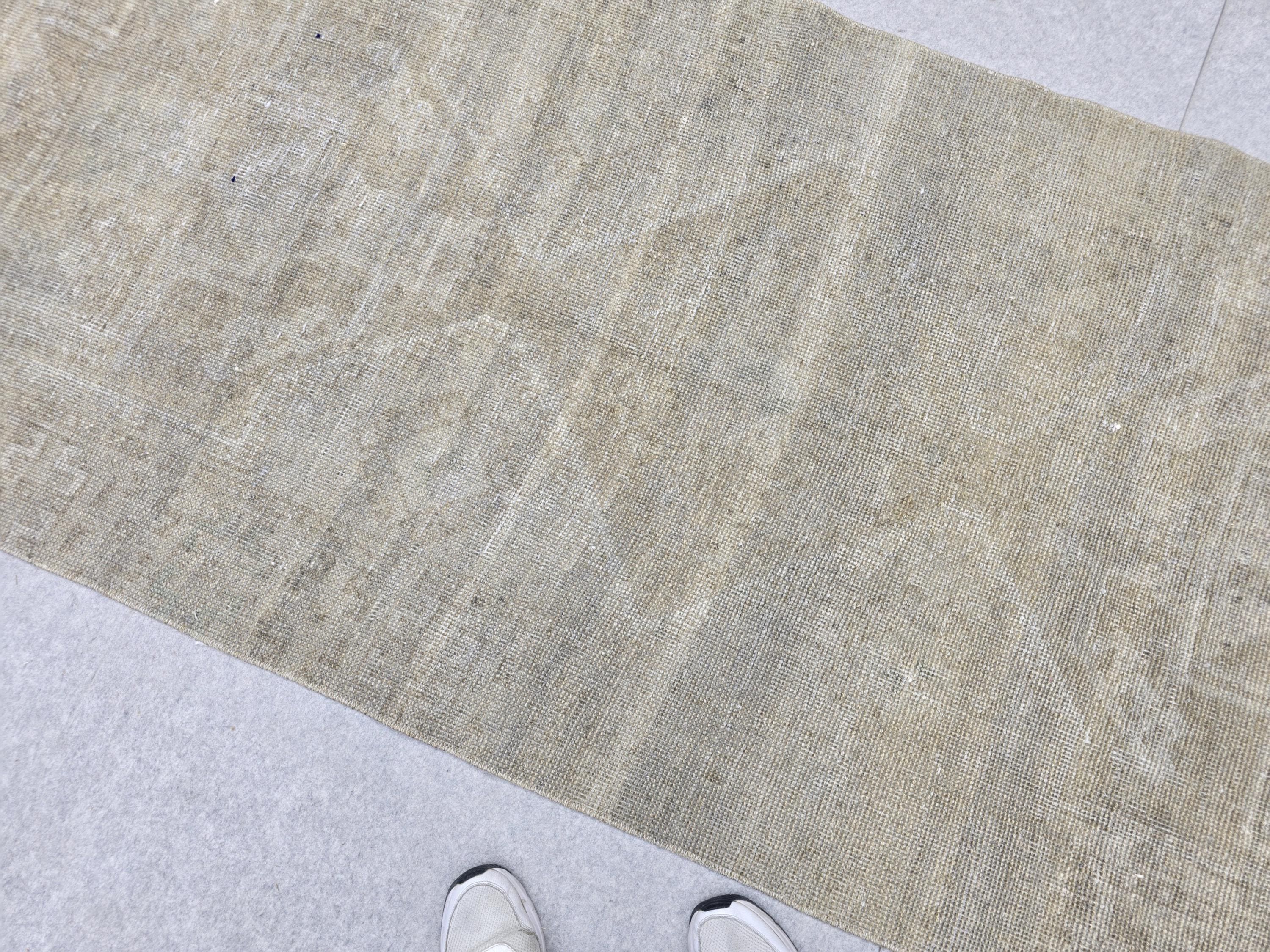 Turkish Runner Rug 3.5x11, Olive Sage Earth Tone Hallway Runner, Faded Wool Kitchen Runner, Tribal Corridor Rug for Dining Room Decor