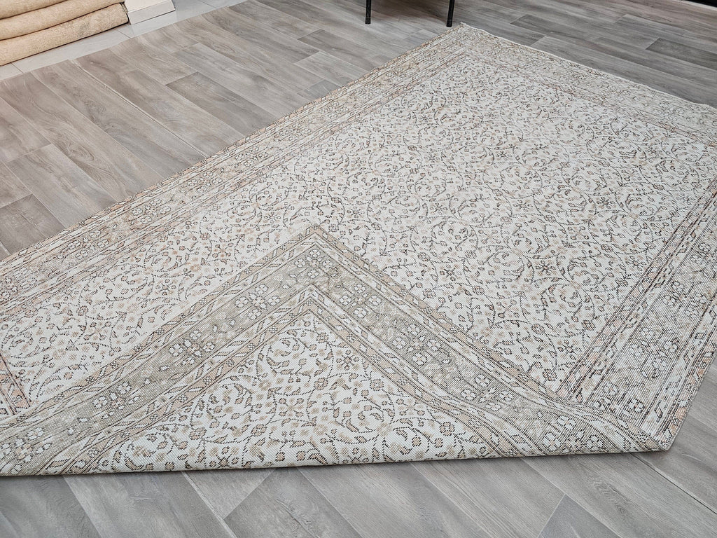 Neutral Vintage Turkish Oushak Rug: Hand-Knotted Wool, 6.2x10 ft