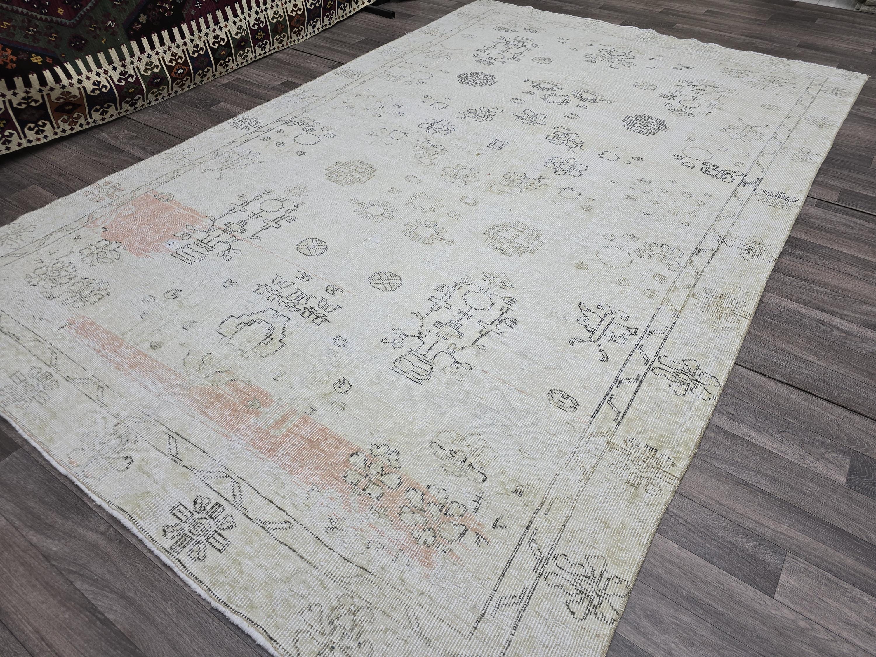 Vintage Oushak Rug 6x10 Feet Neutral Cream Beige Distressed Turkish Rug Living Room