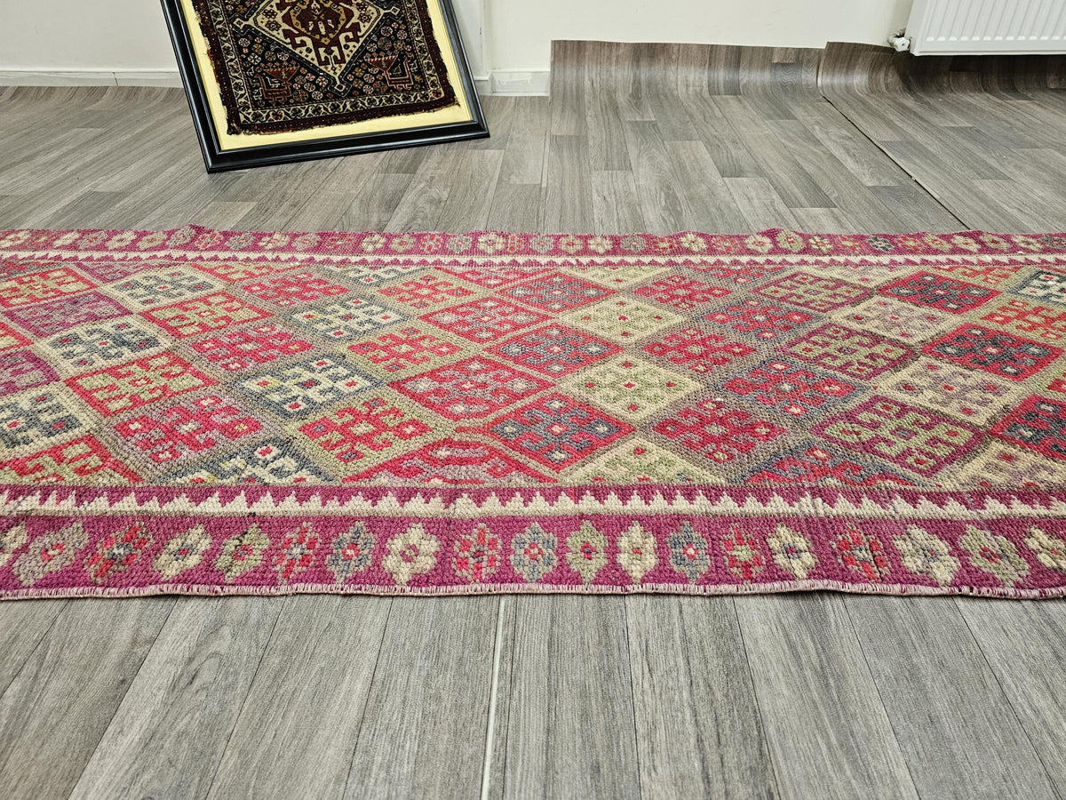 Hand Knotted Herki Runner Rug: Vintage Turkish Hallway Rug
