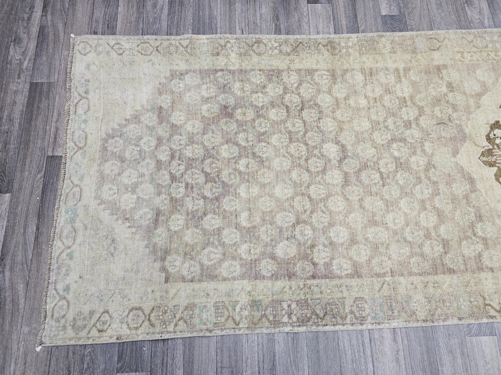 Neutral Oushak Runner Rug: Wide Long Turkish Vintage Wool Runner (3.60 X 12.75 feet)