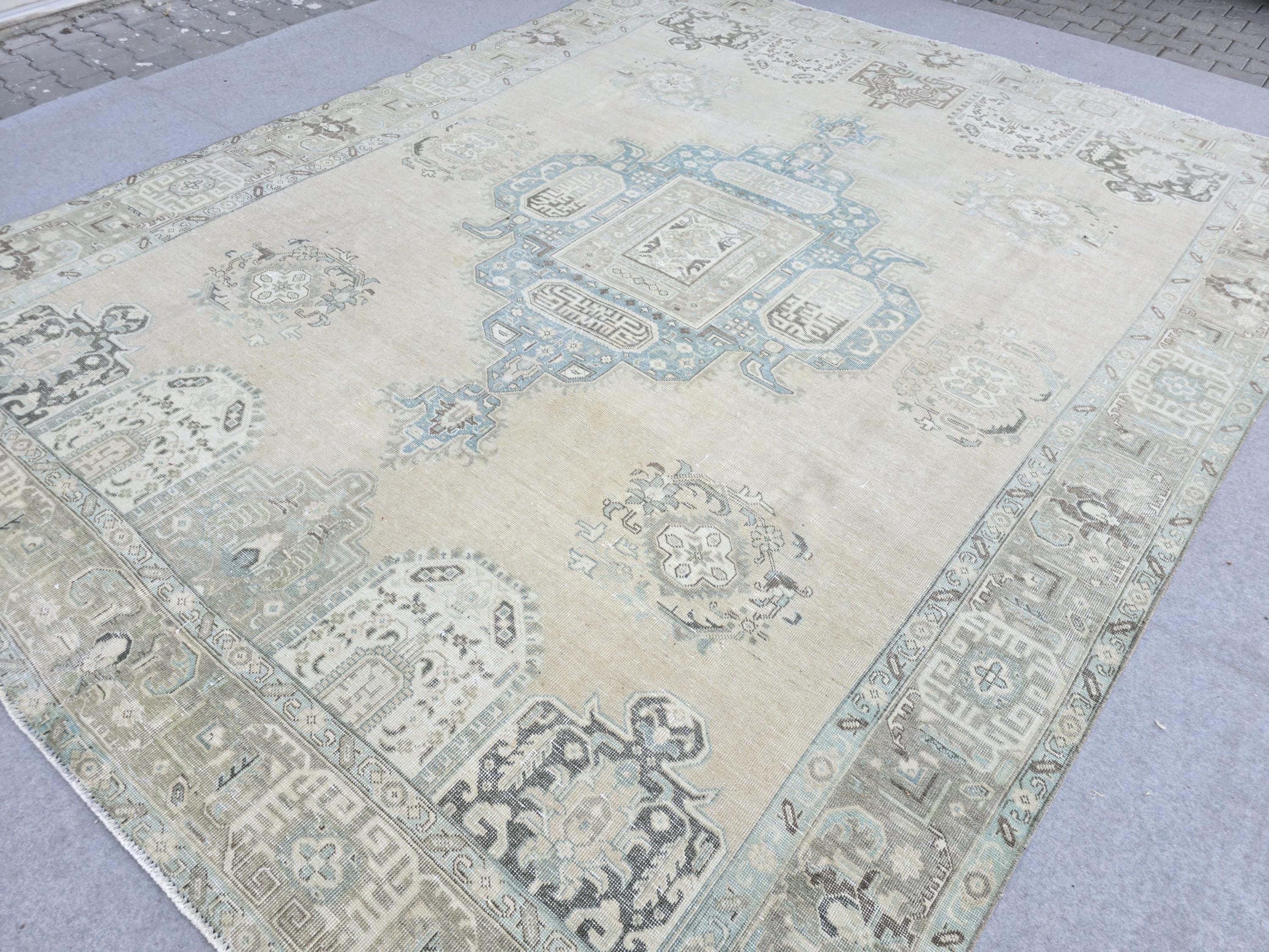 10x12 Turkish Rug Vintage Beige/Cream Blue Hand Knotted Oushak Area Carpet