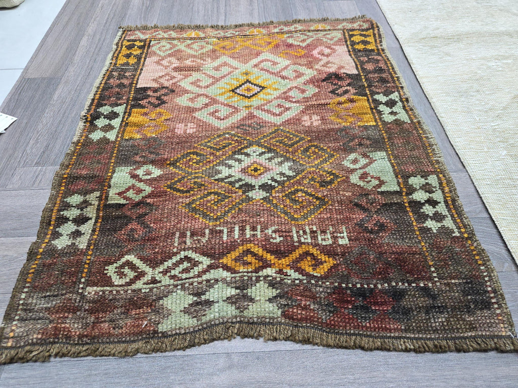 Antique Turkish Wool Rug: Small Oushak Yastik Doormat