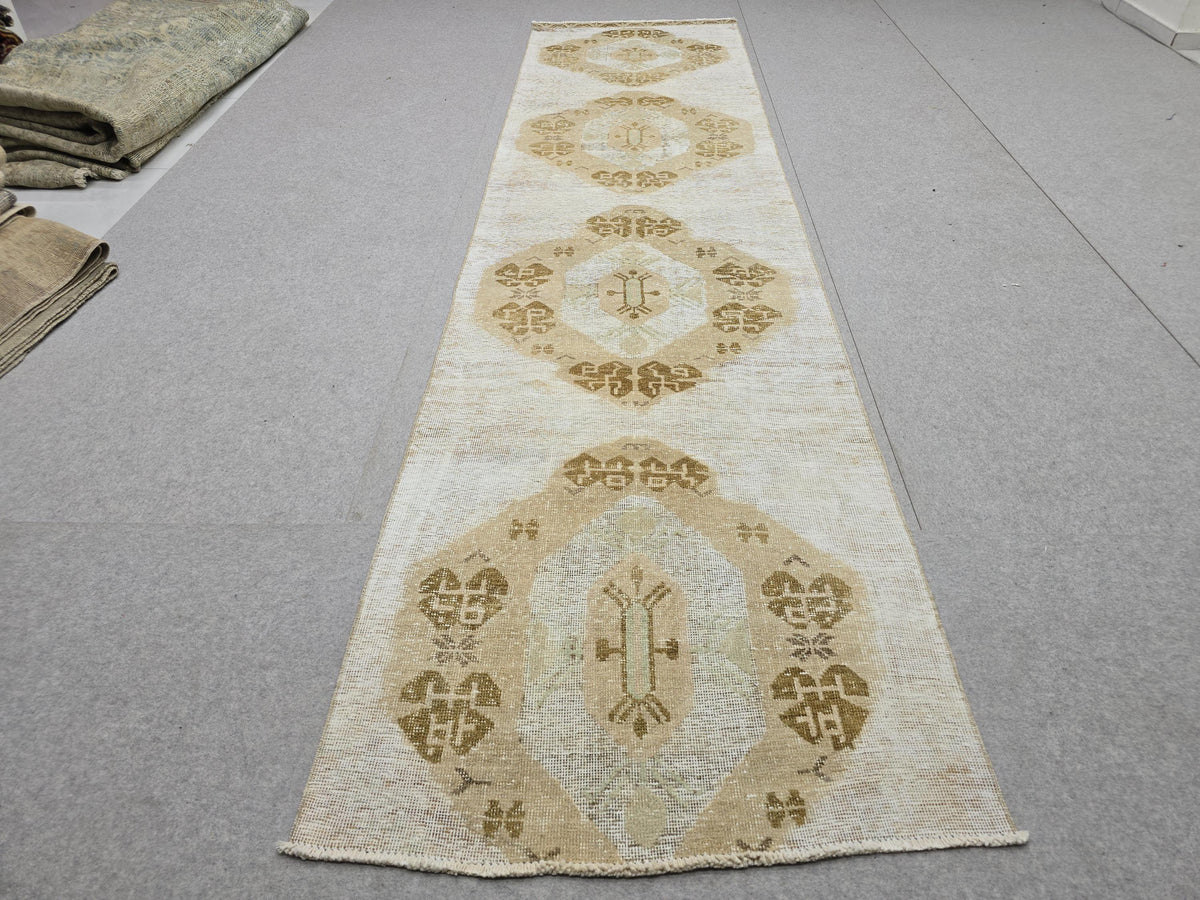 Turkish Rug 3x11, Faded Vintage Anatolian Wool Runner, Hand Knotted Neutral Medallion Hallway Runner, Boho Farmhouse Decor