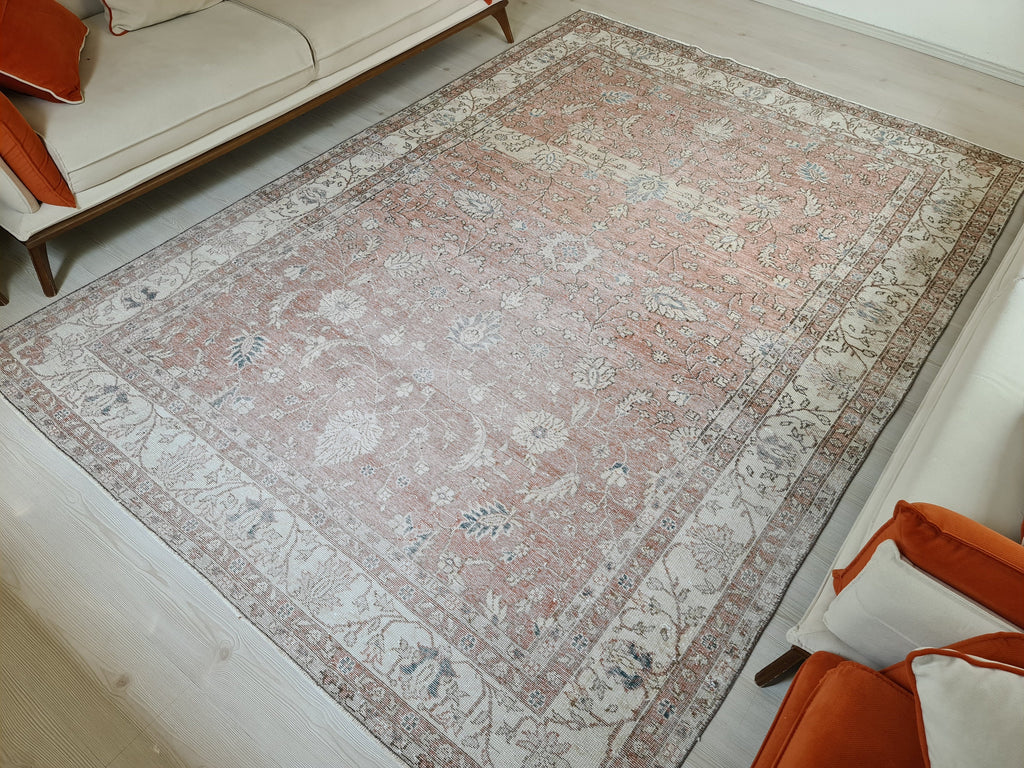 7x10 Vintage Turkish Rug: Hand knotted Wool Oushak area Rug -  6.8 x 9.9 ft, Organic Wool