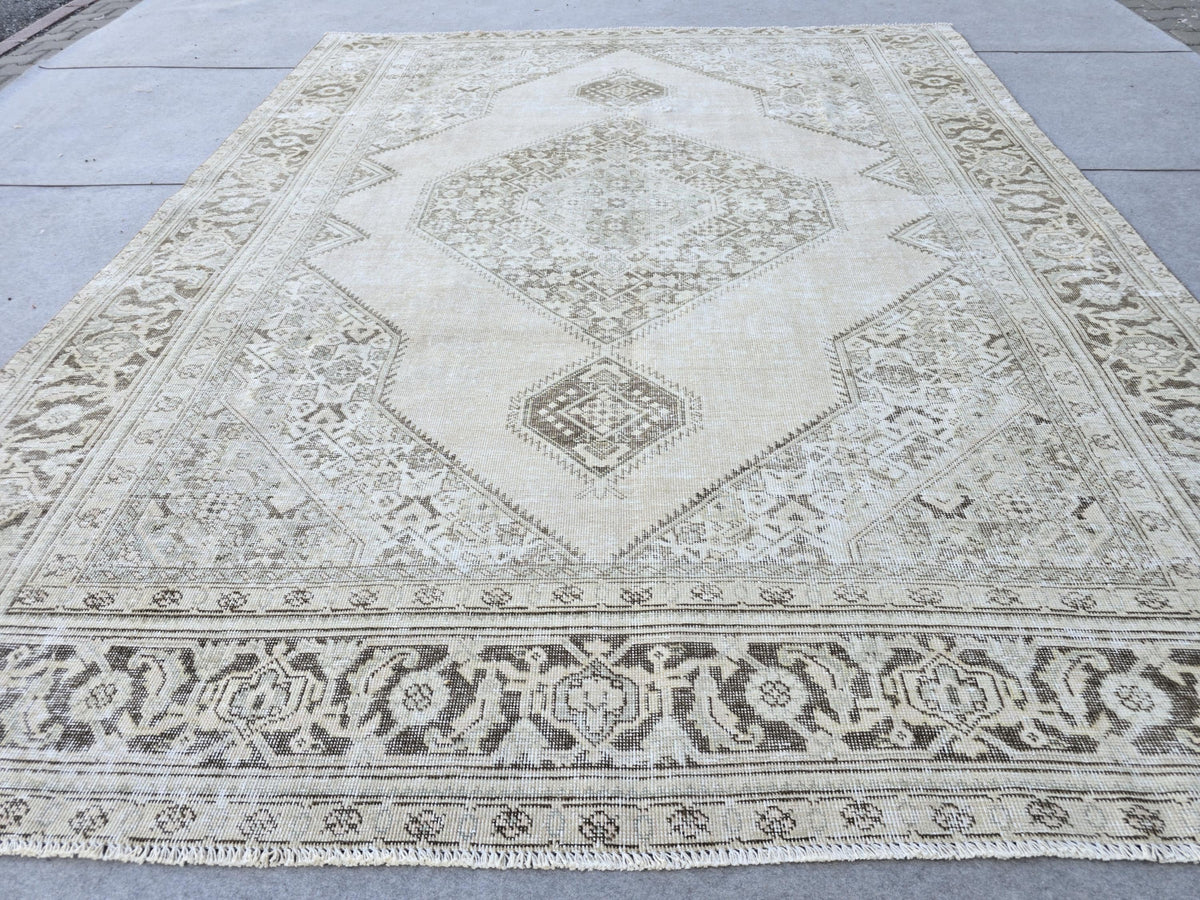 Turkish Rug 8x10, Sand Beige Vintage Area Rug, Hand Knotted Brown Neutral Wool Tribal Medallion Carpet for Living Room, Retro Nursery Decor