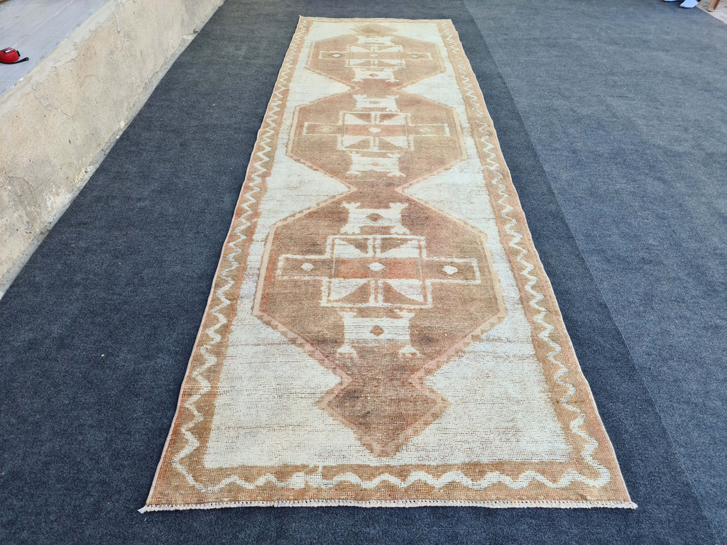 Hand Knotted Wool Oushak Runner: 4x12 Vintage Turkish Rug