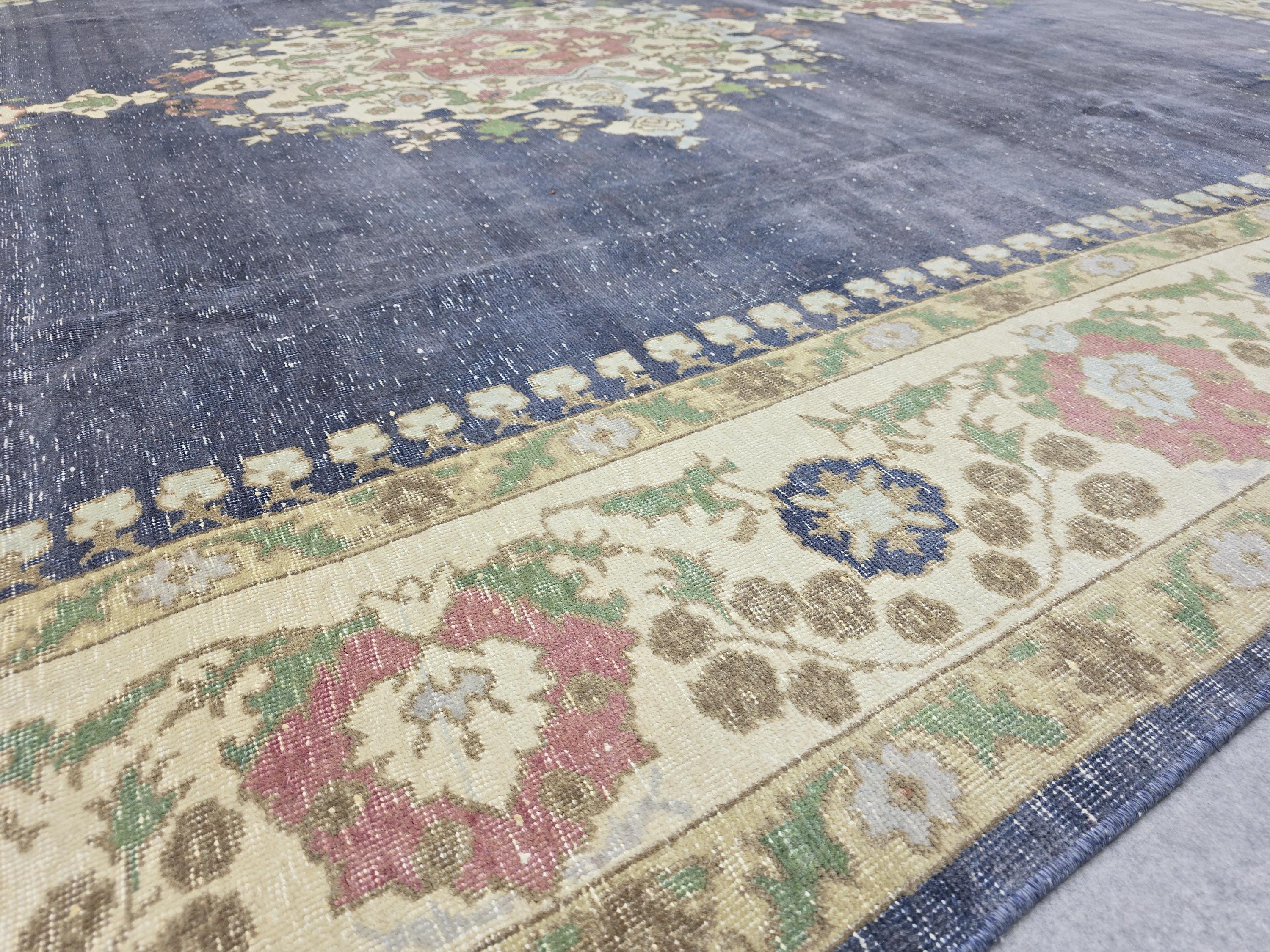 Vintage Turkish Hand-Knotted Wool Rug, Blue Medallion Distressed Area Carpet (10x12)