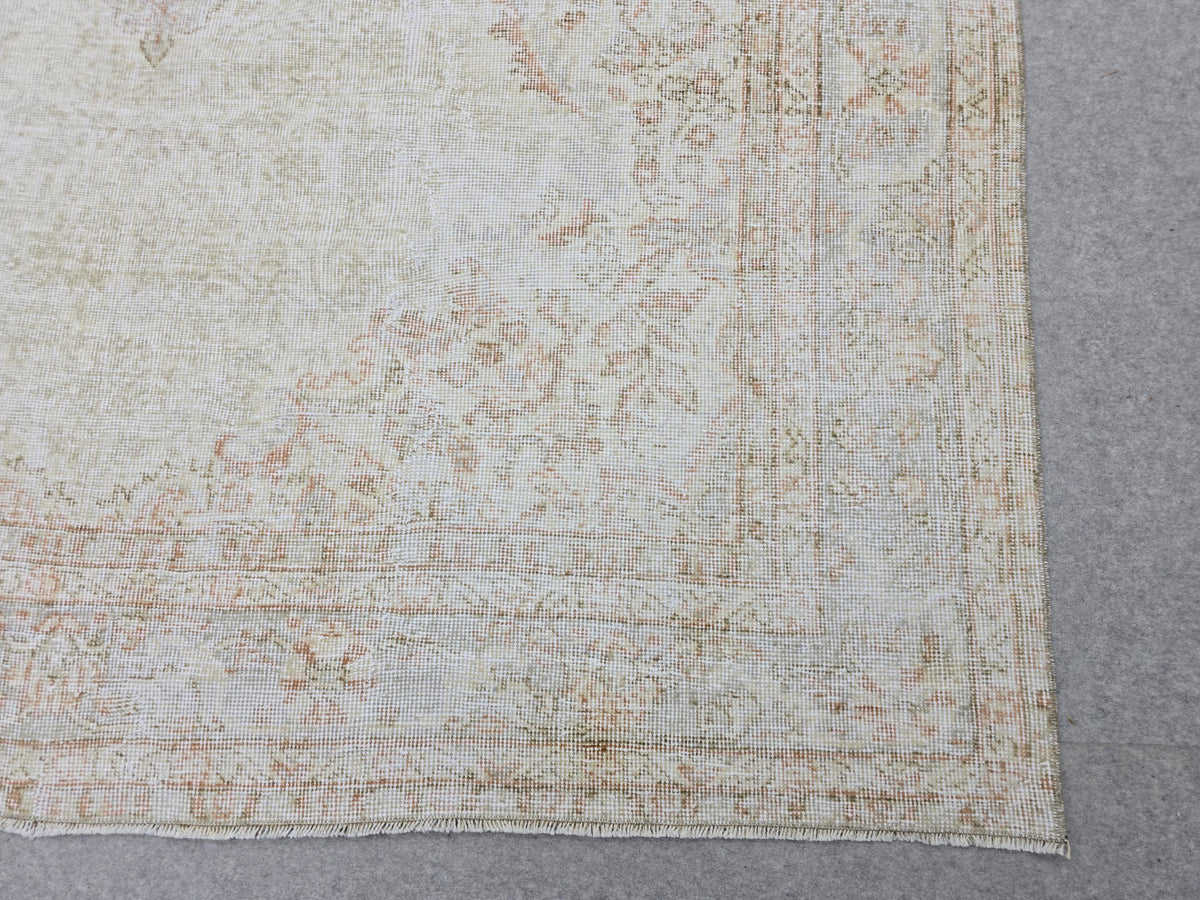 Turkish Wool Rug 7x10, Ivory Cream Medallion, Distressed Neutral Carpet
