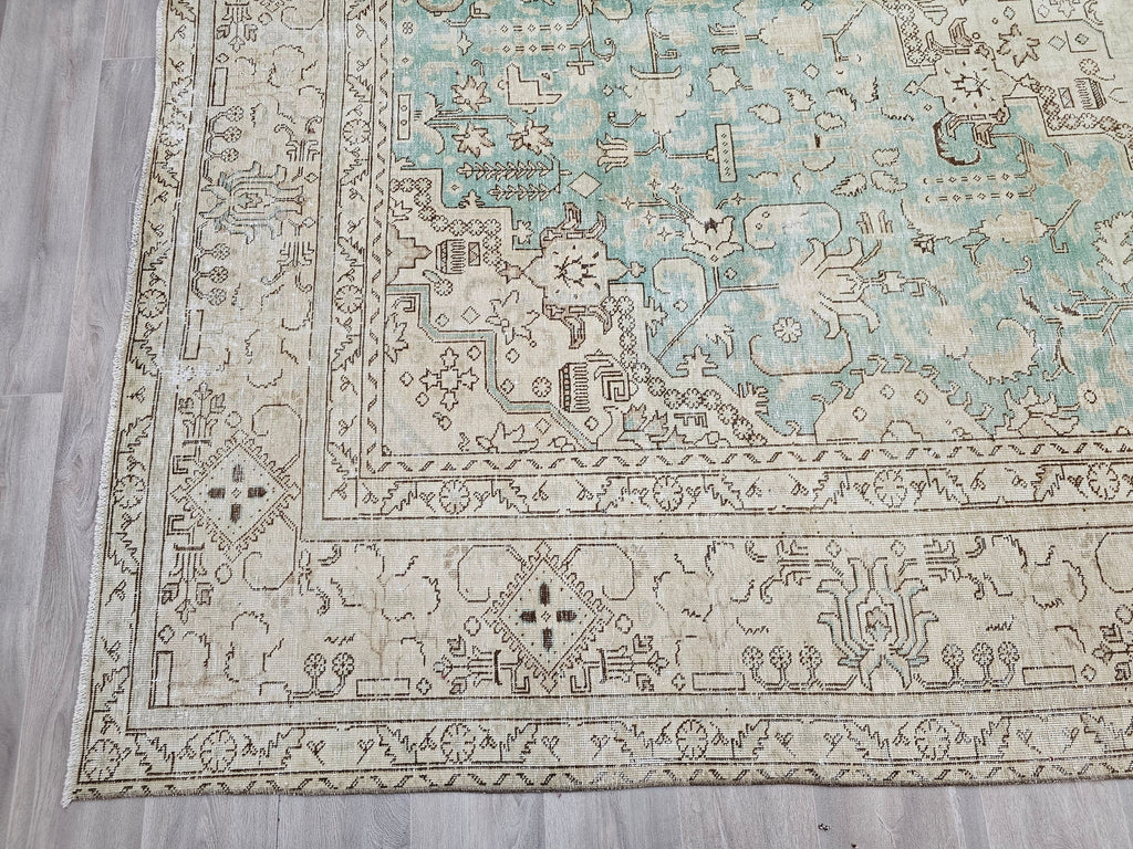 Oversize Hand-Knotted Wool Turkish Rug: Beige & Sage Green Oushak (9.80x12.20 ft)
