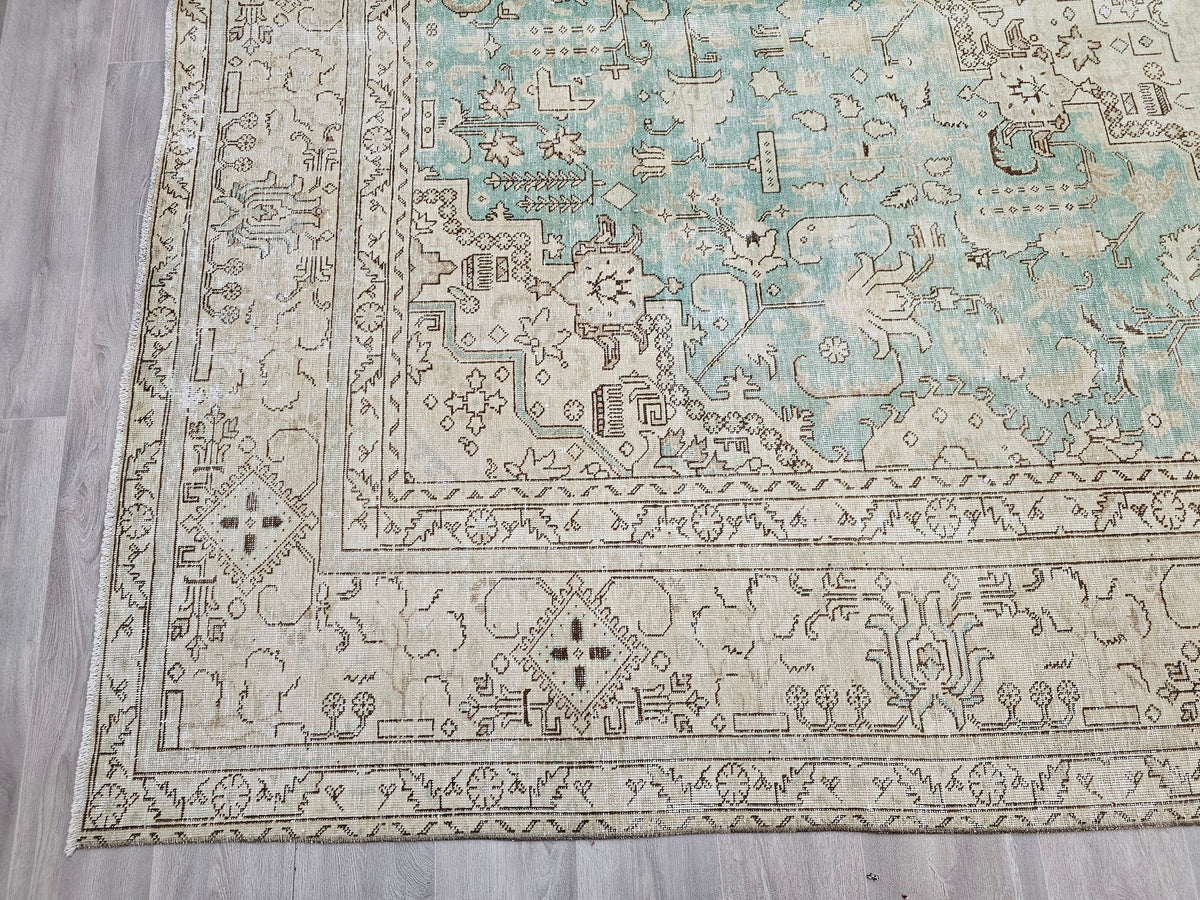 Oversize Hand-Knotted Wool Turkish Rug: Beige & Sage Green Oushak (9.80x12.20 ft)
