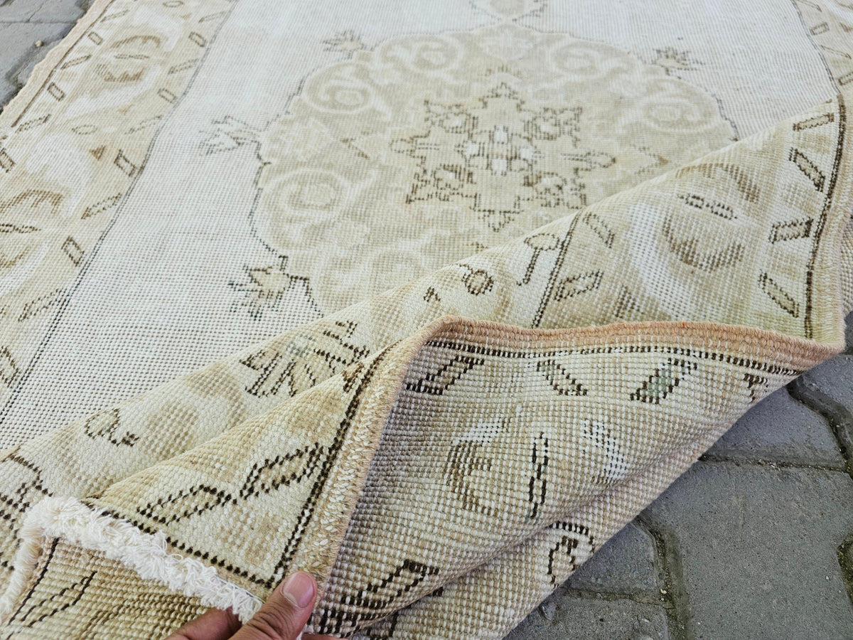 4x7 Hand-Knotted Wool Turkish Rug: Neutral Vintage Entryway Rug