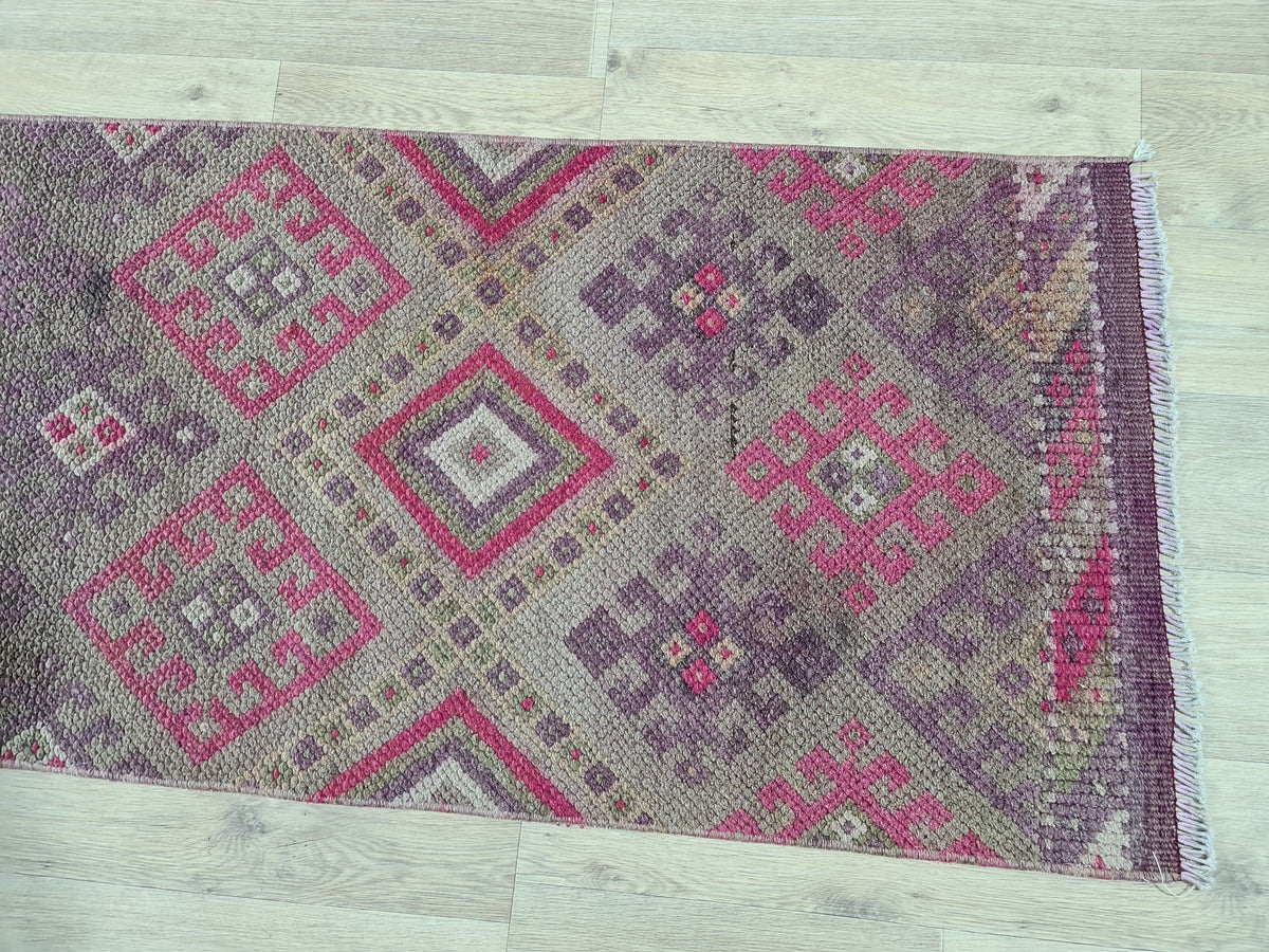 Hand Knotted Wool Herki Runner Rug: Vintage Turkish Hallway Rug