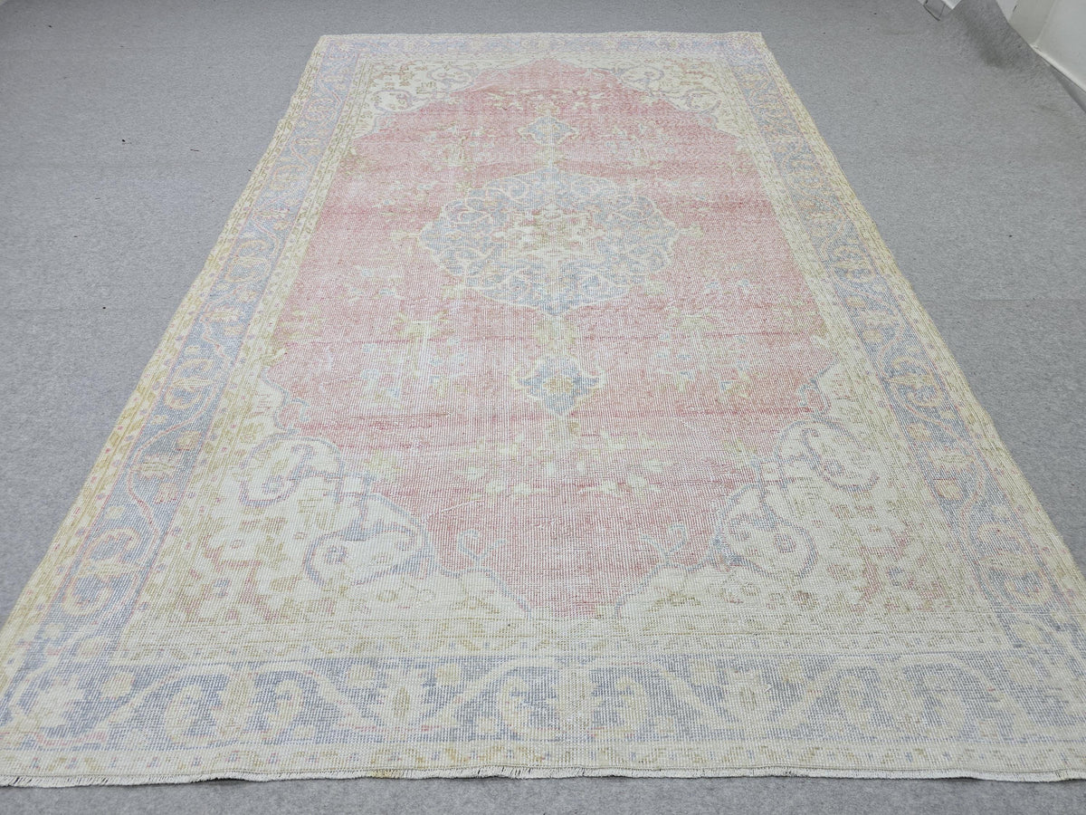 Vintage Anatolian Style Wool Rug 6x9, Pink Blue Medallion