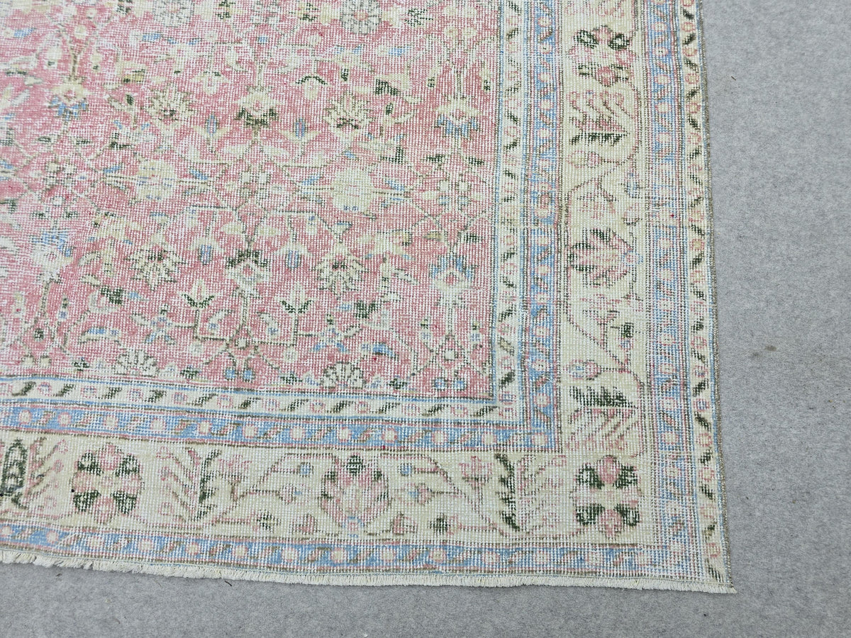 Large Vintage Turkish Rug, 6x11 Floral Oushak Area Rug, Antique Pastel Muted Carpet, Bohemian Home Decor Rug, Hand-Knotted pink Wool Rug