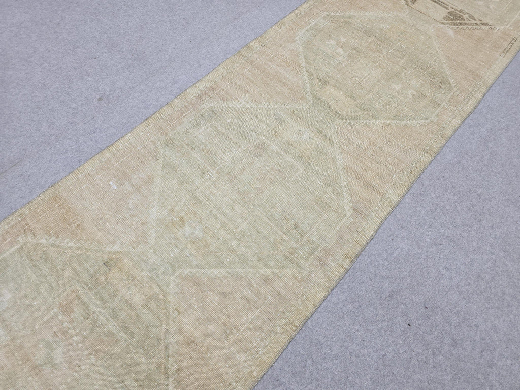 Turkish Rug 3x12, Neutral Runner Rug, Faded Distressed Wool Hallway Runner, Muted Oushak Stair Runner, Vintage Boho Kitchen Carpet