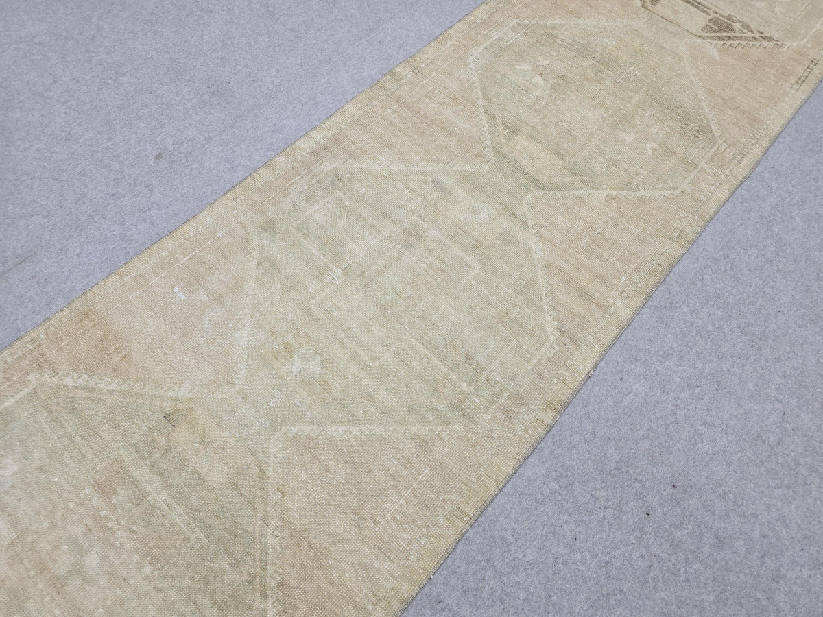 Turkish Rug 3x12, Neutral Runner Rug, Faded Distressed Wool Hallway Runner, Muted Oushak Stair Runner, Vintage Boho Kitchen Carpet