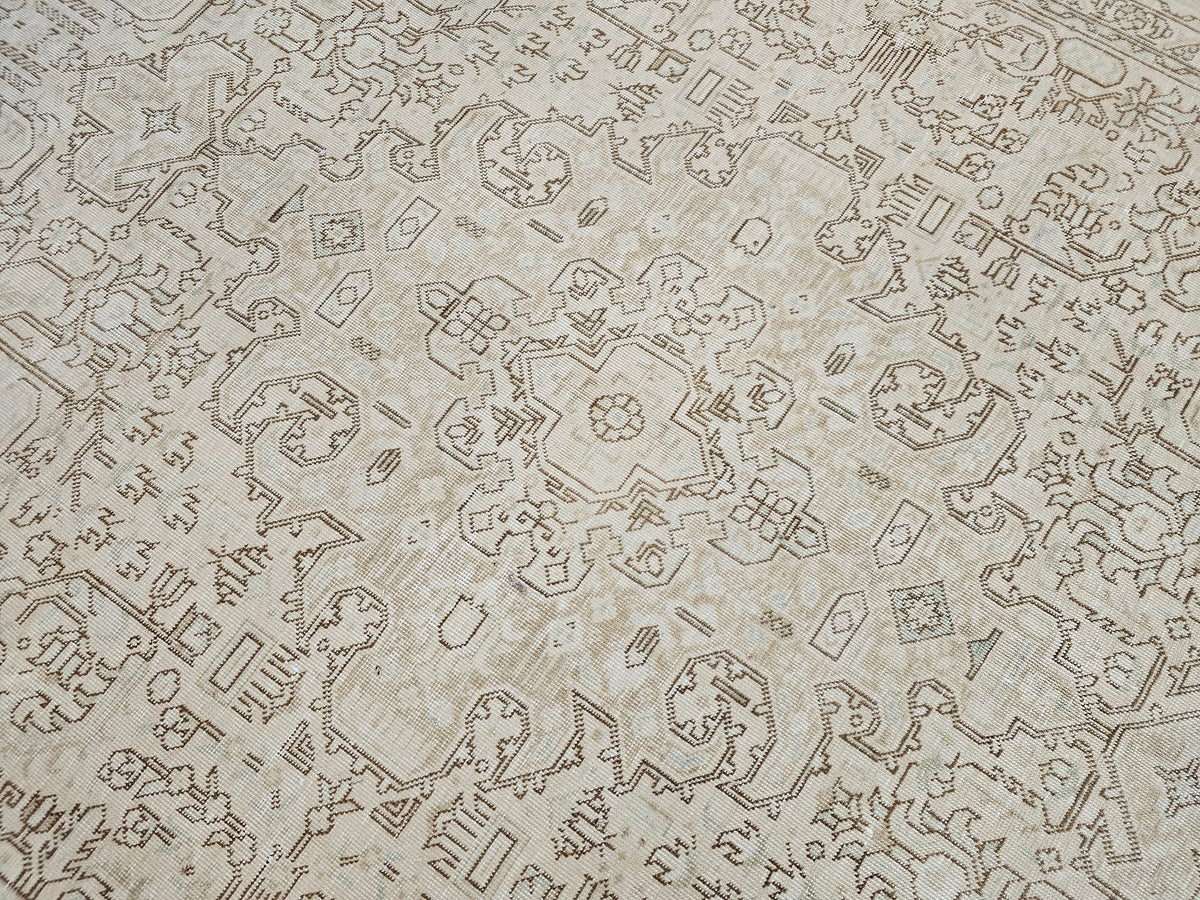 Oversized Neutral Oushak Rug: Vintage Geometric Turkish Wool Carpet (9.6x12.6 ft)