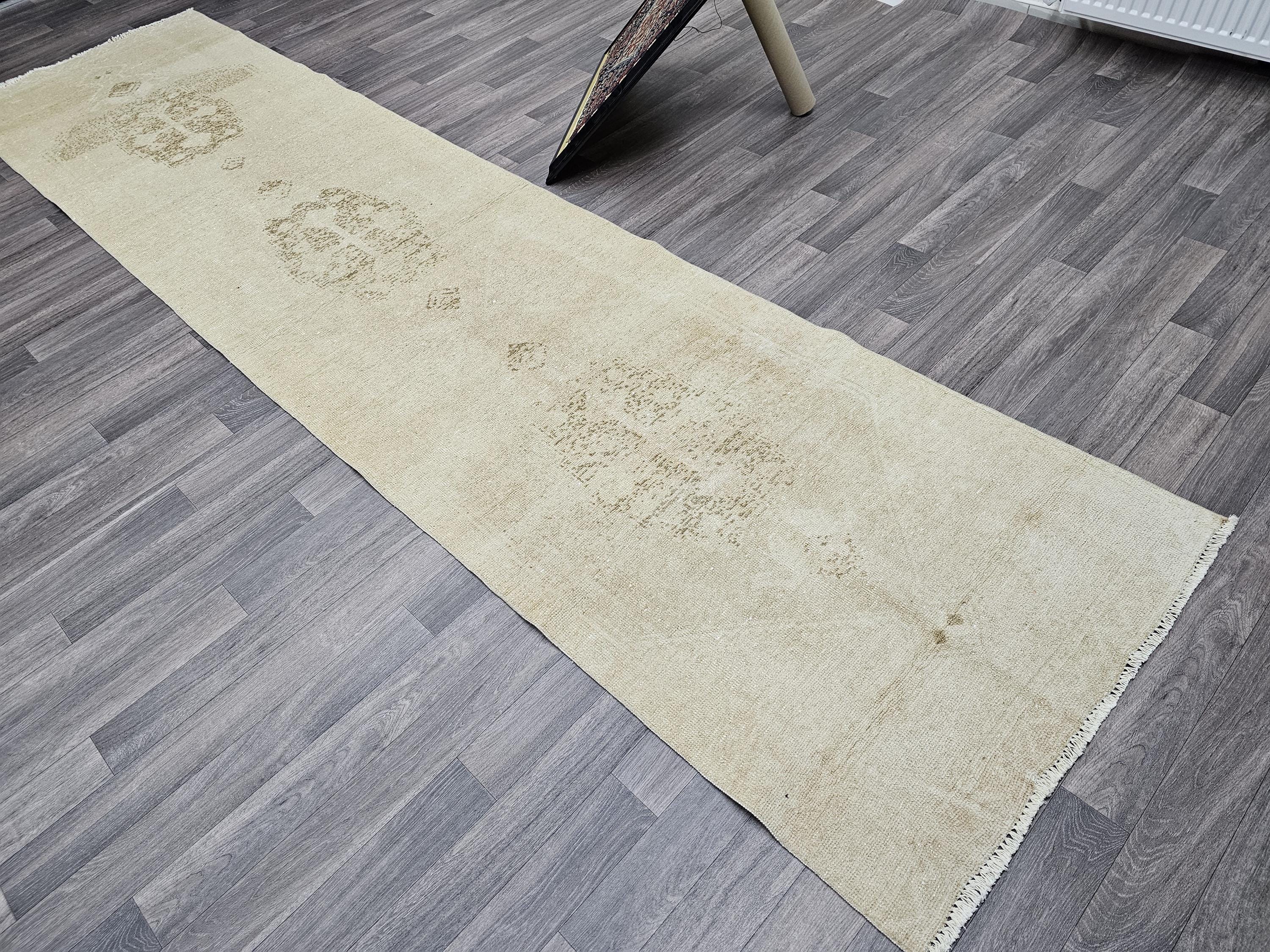 Neutral Turkish Runner Rug: 3x12.5 ft Vintage Oushak Wool Hallway Rug
