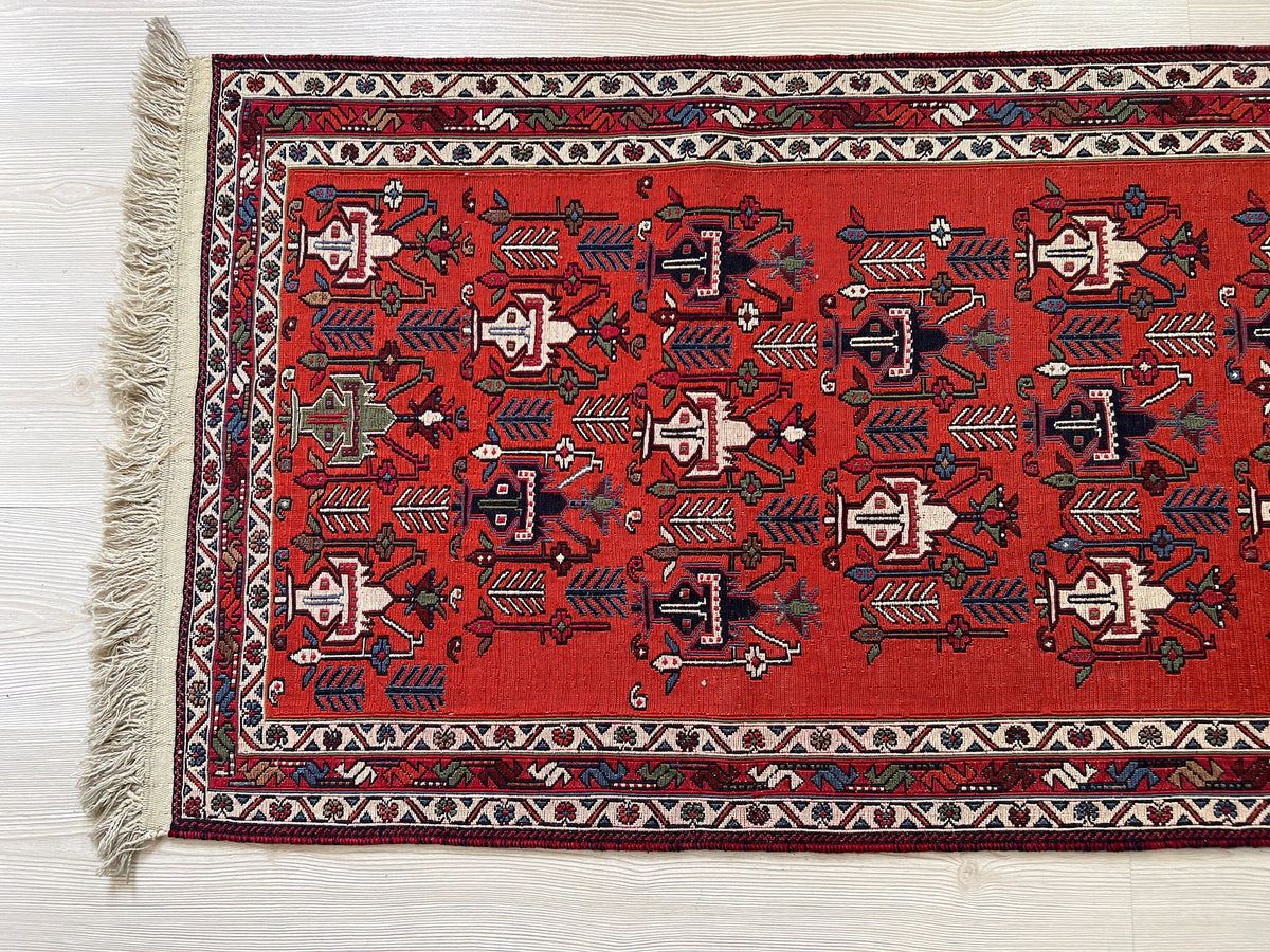 Antique Avşar Soumak Rug Runner: 3x9 Vintage Wool Hallway Rug
