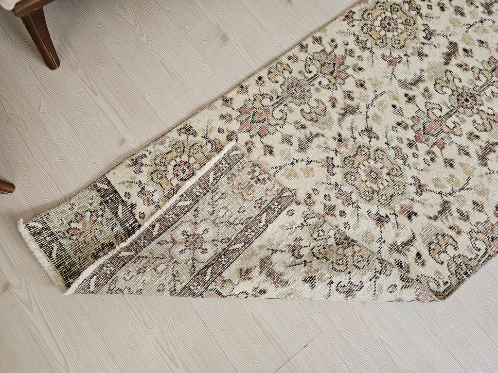 Hand Knotted Wool Runner Rug: 2x10 Vintage Floral Oushak Design