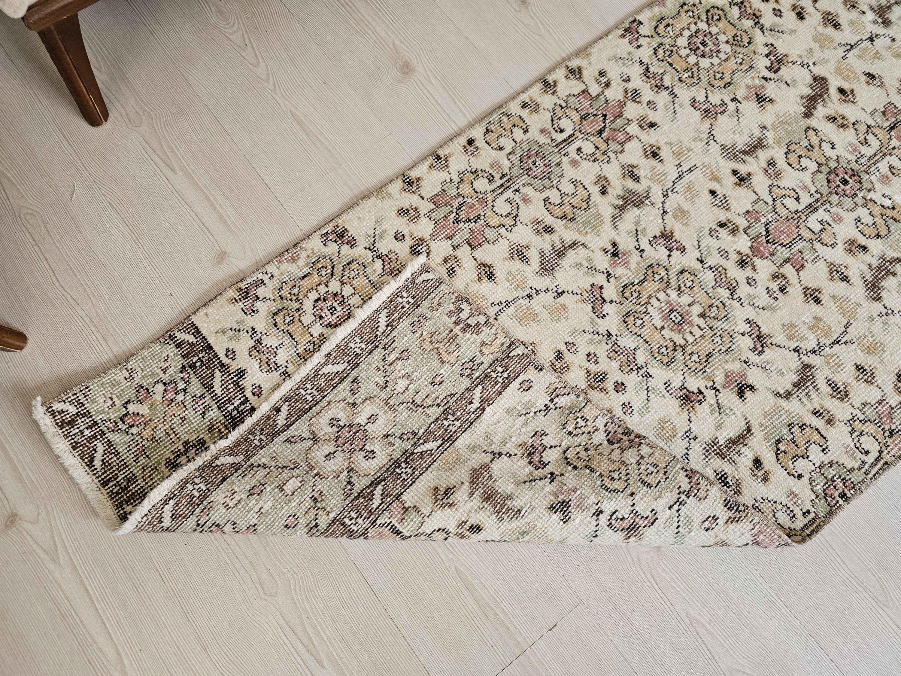 Hand Knotted Wool Runner Rug: 2x10 Vintage Floral Oushak Design