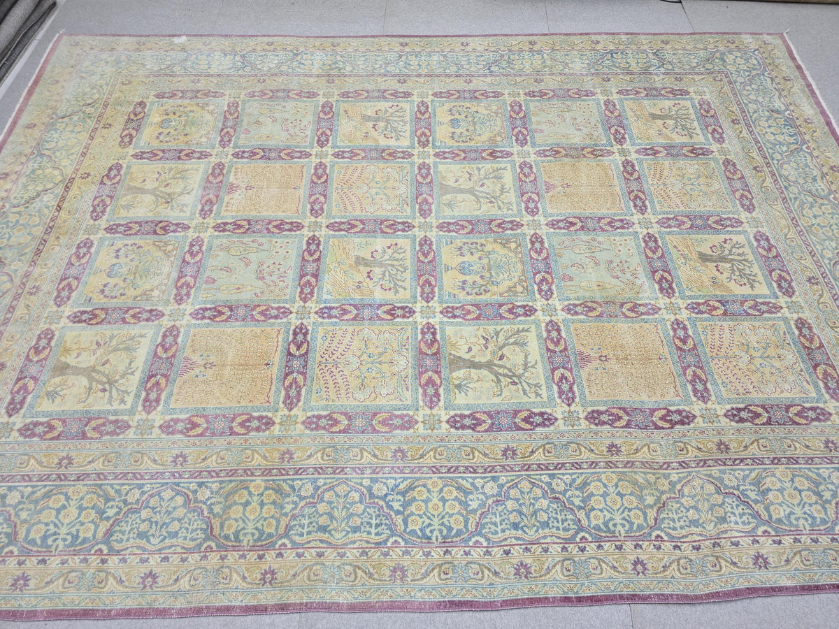 Vintage Rug 10x13 Antique 1910s Hand Knotted Wool Rug | Soft Blue Wheat Mauve | Living Room Dining Boho Decor
