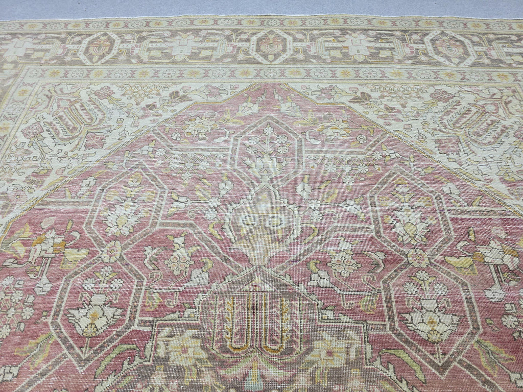 10x13 Vintage Turkish Wool Rug, Rose Pink Geometric Medallion, Distressed Area Carpet
