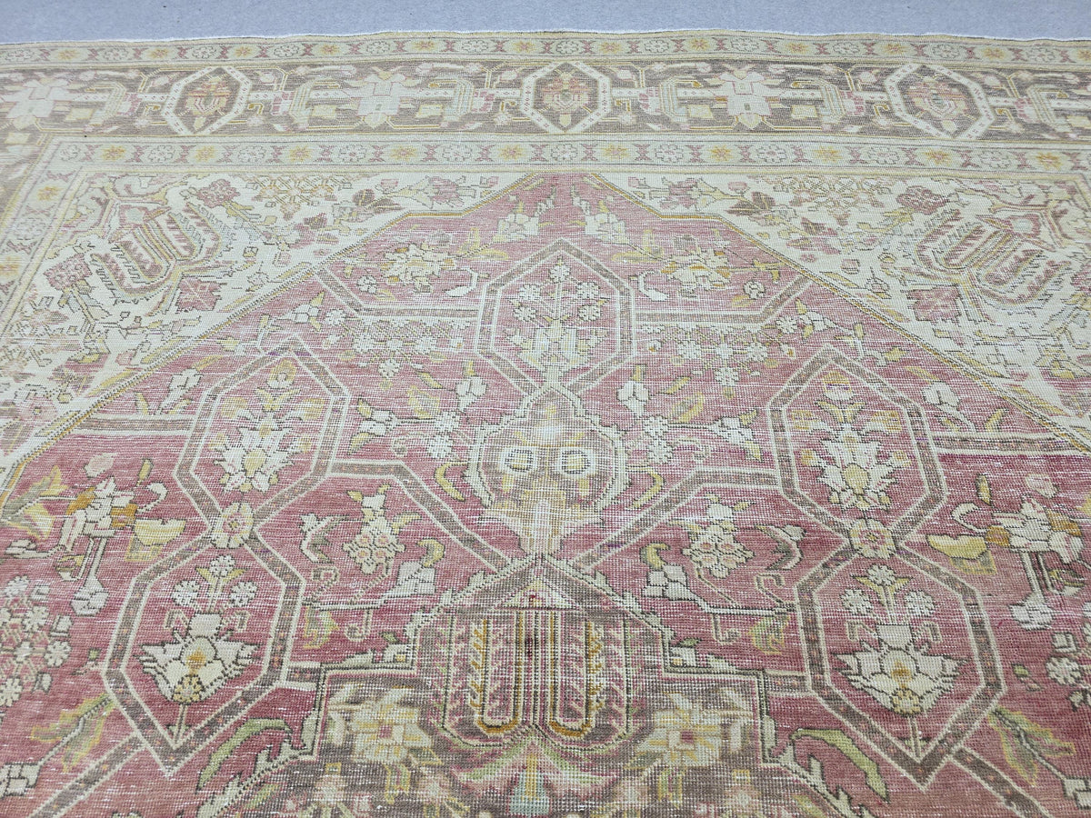 10x13 Vintage Turkish Wool Rug, Rose Pink Geometric Medallion, Distressed Area Carpet