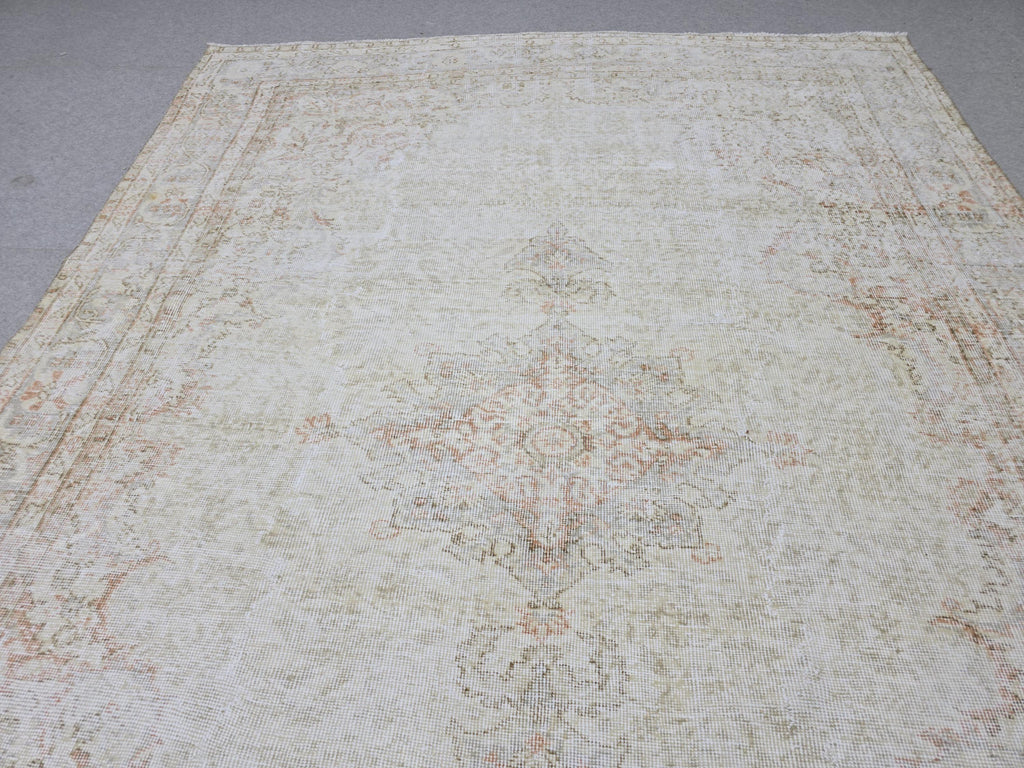 Turkish Wool Rug 7x10, Ivory Cream Medallion, Distressed Neutral Carpet