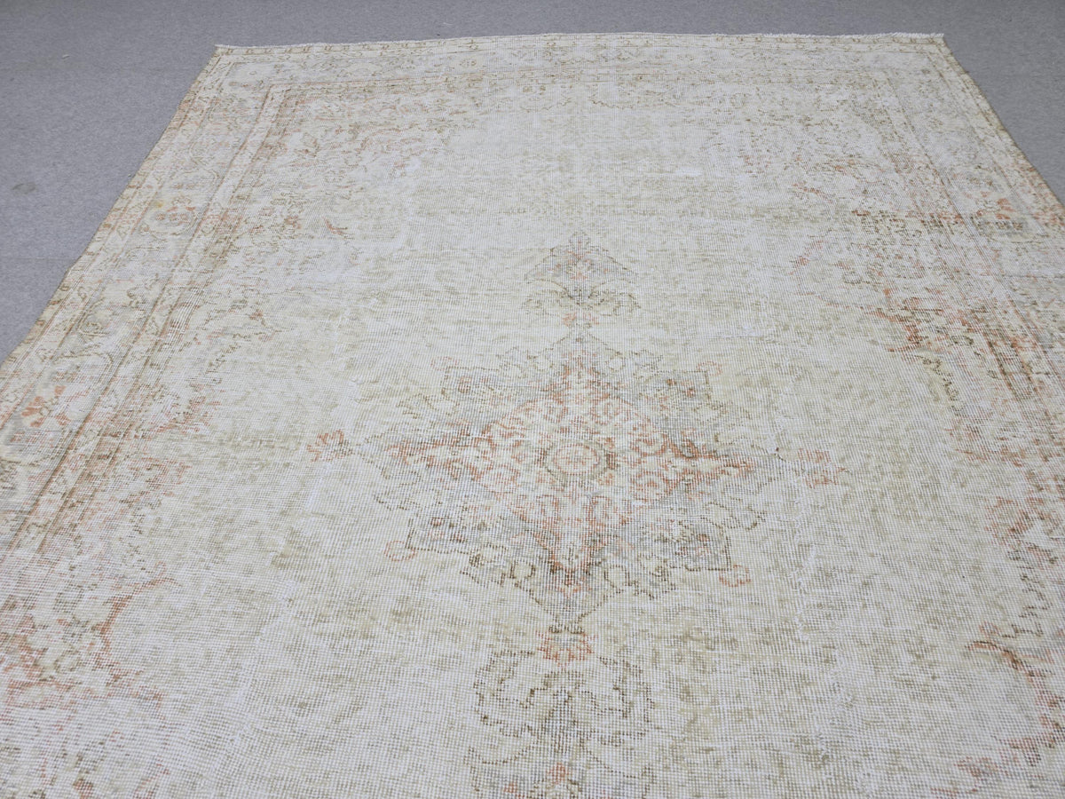 Turkish Wool Rug 7x10, Ivory Cream Medallion, Distressed Neutral Carpet