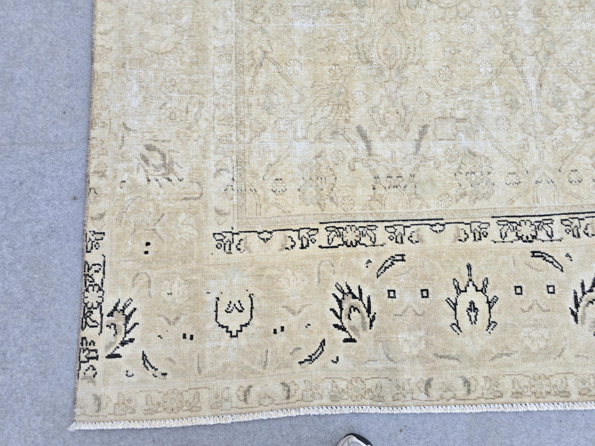 Turkish Rug 10x12, Faded Wheat Beige Wool Area Rug, Neutral All Over Floral Carpet for Living Room, Dining Room, Boho Rustic Decor